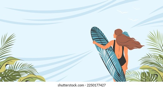 Woman in bikini on the beach with surfboad. Water extreme sport, Travelling, summer vacation concept, tourism, summer holiday, healthy lifestyle. Vector illustration