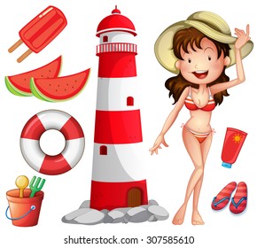 Woman in bikini and other beach things illustration