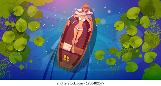 Woman in bikini relaxes in boat floating in river or lake. Top view of water surface with lily leaves and wooden rowboat with girl. Vector cartoon illustration of happy girl with tablet