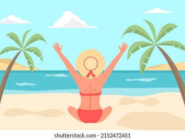 Woman in bikini relaxing at the beach. Female enjoy summer vacation at the sea.