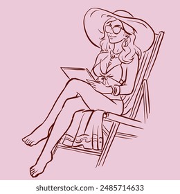 woman in bikini relaxing on the beach vector for card, illustration, decoration