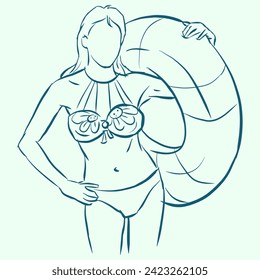 Woman in bikini with rubber ring vector for illustration, card, decoration