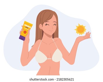 Woman in bikini showing sun protection product.sunblock,sunscreen.sunburn it's a little problem. skin care concept.