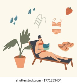Woman in Bikini Sitting on Deck Chair at Pool or Beach Read Interesting Book. Female Character Bookworm Spend Time Outdoors on Exotic Resort Enjoying Reading Spare Time. Linear Vector Illustration
