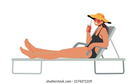 Woman in Bikini Sitting on Deck Chair at Poolside or Beach Drinking Cocktail. Female Character Spend Time Outdoor on Exotic Resort, Girl Enjoying Spare Time Relax. Cartoon Vector Illustration