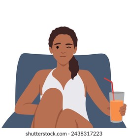 Woman in Bikini Sitting on Deck Chair at Poolside or Beach Drinking Cocktail. Flat vector illustration isolated on white background