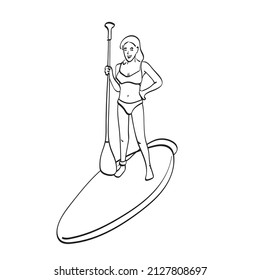 woman in bikini standing on paddle board illustration vector hand drawn isolated on white background line art.