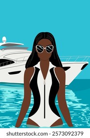 A woman in a bikini is standing in the water next to a boat. The image has a beachy, summery vibe, with the woman and the boat representing leisure and relaxation