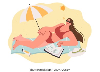 Woman in bikini sunbathes on beach and reads book lying at sunny resort and enjoying vacation. Girl spends weekend on summer beach to get beautiful tan for skin or relax after difficult week.