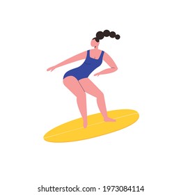 Woman in bikini surfing in the surfboard isolated on white background. Modern vector illustration flat style.