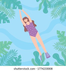 woman in bikini swimming in the pool, foliage leaves frame vector illustration