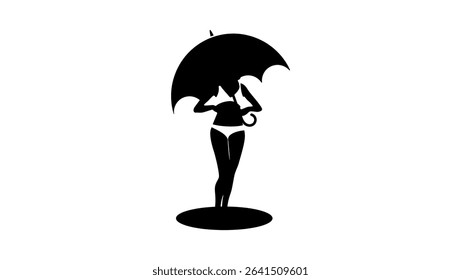 Woman in bikini under umbrella on sunny day, black isolated silhouette
