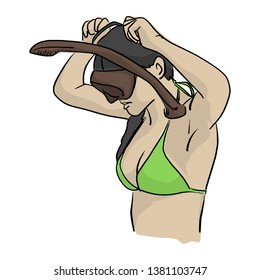 woman with bikini wearing snorkel vector illustration sketch doodle hand drawn with black lines isolated on white background