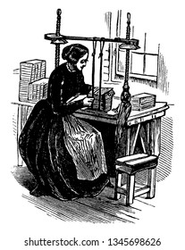 A woman binding books with machine, vintage line drawing or engraving illustration