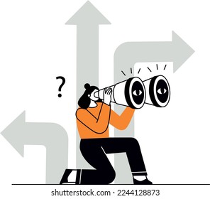 Woman with binoculars. Concept of the search. Searching for opportunities, solutions, new business ideas. People looking to the future, choosing the direction of development.
