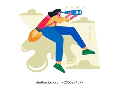 Woman with Binoculars Embracing the Future Rocket Vector Illustration