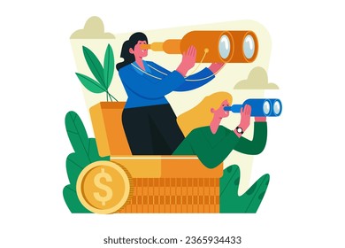 Mujer con Binoculares que adopta la ilustración del futuro vector