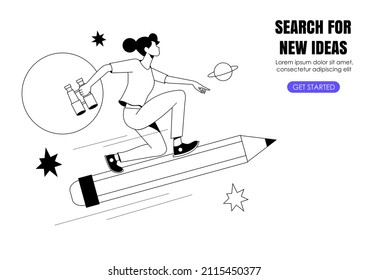 Woman with binoculars flying on pencil . Educational process, creative, ad, landing page, web design studio, startup or courses. Generating ideas, imagination, inspiration concept.