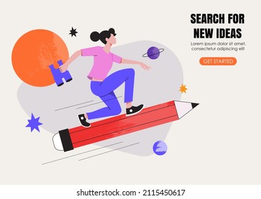 Woman with binoculars flying on pencil . Educational process, creative, ad, landing page, web design studio, startup or courses. Generating ideas, imagination, inspiration concept.