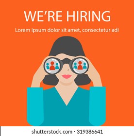 Woman With Binoculars Looking For The Best Suited Employee. HR, Recruiting, We Are Hiring Concepts, Vector Illustration. 