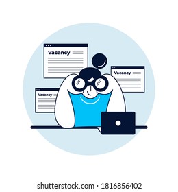 Woman with binoculars looking for a job, sitting at the computer with open web pages with vacancies. Concept of job search.  Flat style vector design illustration.