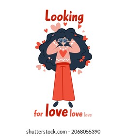 woman with binoculars looking for love vector illustration