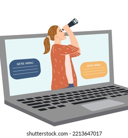 Woman with binoculars on the monitor screen searching for new employee, work candidates, hired workers. We re hiring concept, online job offer, recruitment process, vacancies on the internet