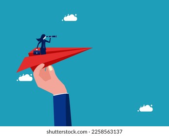 woman binoculars on a paper plane. Help support the achievement of business goals. business concept 