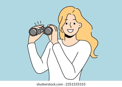 Woman with binoculars smiles and looks into camera, showing curiosity and eagerness to learn new facts. Binoculars as metaphor for long-term planning or development of strategic thinking