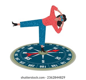 Woman with binoculars, standing on compass. Isolated. Vector illustration.