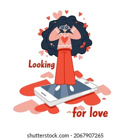 woman with binoculars stands on smartphone looking for love vector illustration