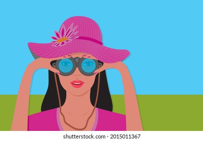 Woman with binoculars. Vector illustration. 
