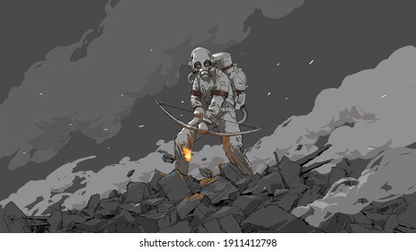 woman in a biohazard suit holding a fire bow, vector illustration