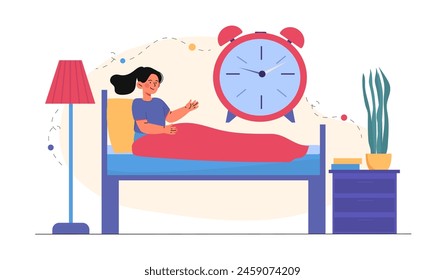 Mujer con reloj biológico. Joven acostada en la cama cerca de la Grande alarma. Ritmos circadianos. Biología y anatomía. El régimen diario correcto. Ilustración vectorial plana de dibujos animados aislada sobre fondo blanco