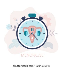 Woman biological clocks, limited fertility. Medical concept, feminine age. Menopause. Climacteric. Women's health. Menstrual periods. Flat vector illustration with uterus, clock and flowers.