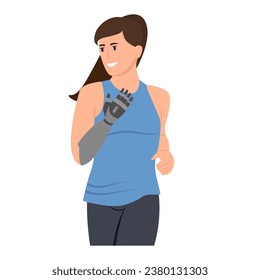  Woman with bionic arm, metallic cybernetic hand is running. Person with disability.  Flat vector illustration isolated on white background