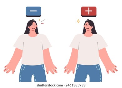 Woman with bipolar disorder experiences sudden mood swings caused by consequences psychological trauma. Girl happy and scared at same time because of bipolar syndrome causing personality destruction