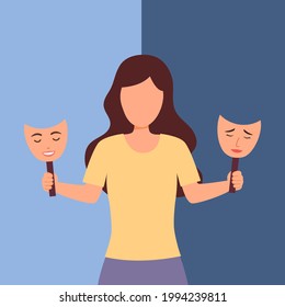 Woman With Bipolar Disorder Symptom In Flat Design. Bipolar Patient With Mood Swings Sometimes In A Good Mood Sometimes Sad.