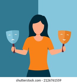 Woman With Bipolar Disorder Symptom In Flat Design. Bipolar Patient With Mood Swings Sometimes In A Good Mood Sometimes Sad.