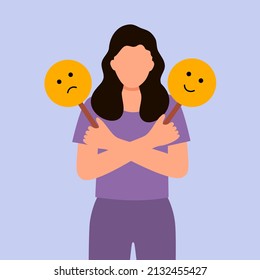Woman with bipolar disorder symptom in flat design. Bipolar patient with mood swings sometimes in a good mood sometimes sad.
