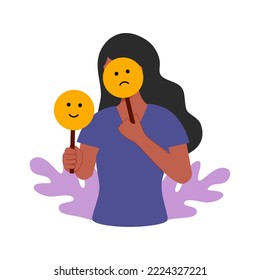 Woman With Bipolar Disorder Symptom In Flat Design. Bipolar Patient With Mood Swings Sometimes In A Good Mood Sometimes Sad.