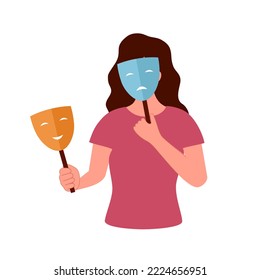 Woman With Bipolar Disorder Symptom In Flat Design. Bipolar Patient With Mood Swings Sometimes In A Good Mood Sometimes Sad.