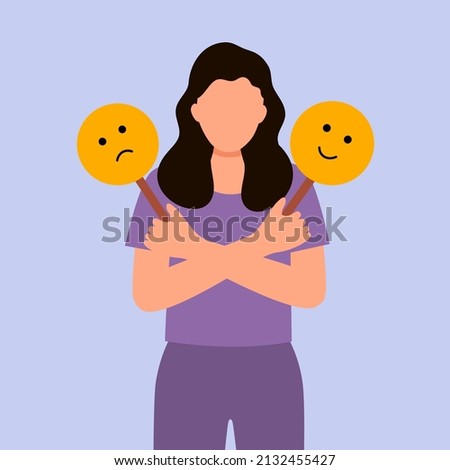 Woman with bipolar disorder symptom in flat design. Bipolar patient with mood swings sometimes in a good mood sometimes sad.