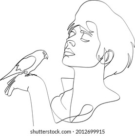 Woman with bird line vector drawing. Style template with female face with bird. Modern minimalist simple linear style. Beauty, fashion design