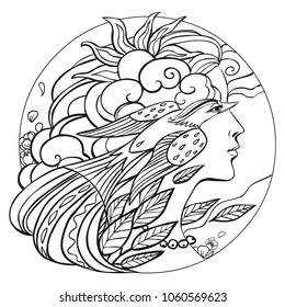 Woman with bird. Vector illustration for adult coloring book.