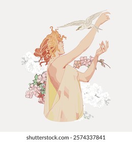 Woman and bird, vintage illustration by Absinthe Robette vector element. Woman portrait, isolated vector. Vintage woman art drawing illustration, woman lady female portrait old painting art print.