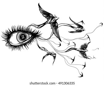woman with birds flying from the eyes, the characters do not matter, it's just squiggles