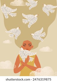 A woman with birds of peace improves her mental health. Vector.