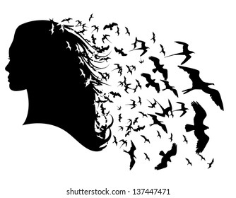 Woman and birds profile silhouette. EPS 10 vector, grouped for easy editing. No open shapes or paths.