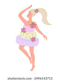 Woman in birthday cake. Happy Birthday. Vector Illustration for backgrounds, covers and packaging. Image can be used for greeting cards, posters, stickers and textile. Isolated on white background.
